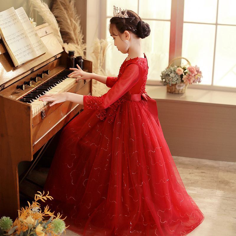 钢琴演出服女童礼服高端(儿童钢琴演出服装女装长裙)